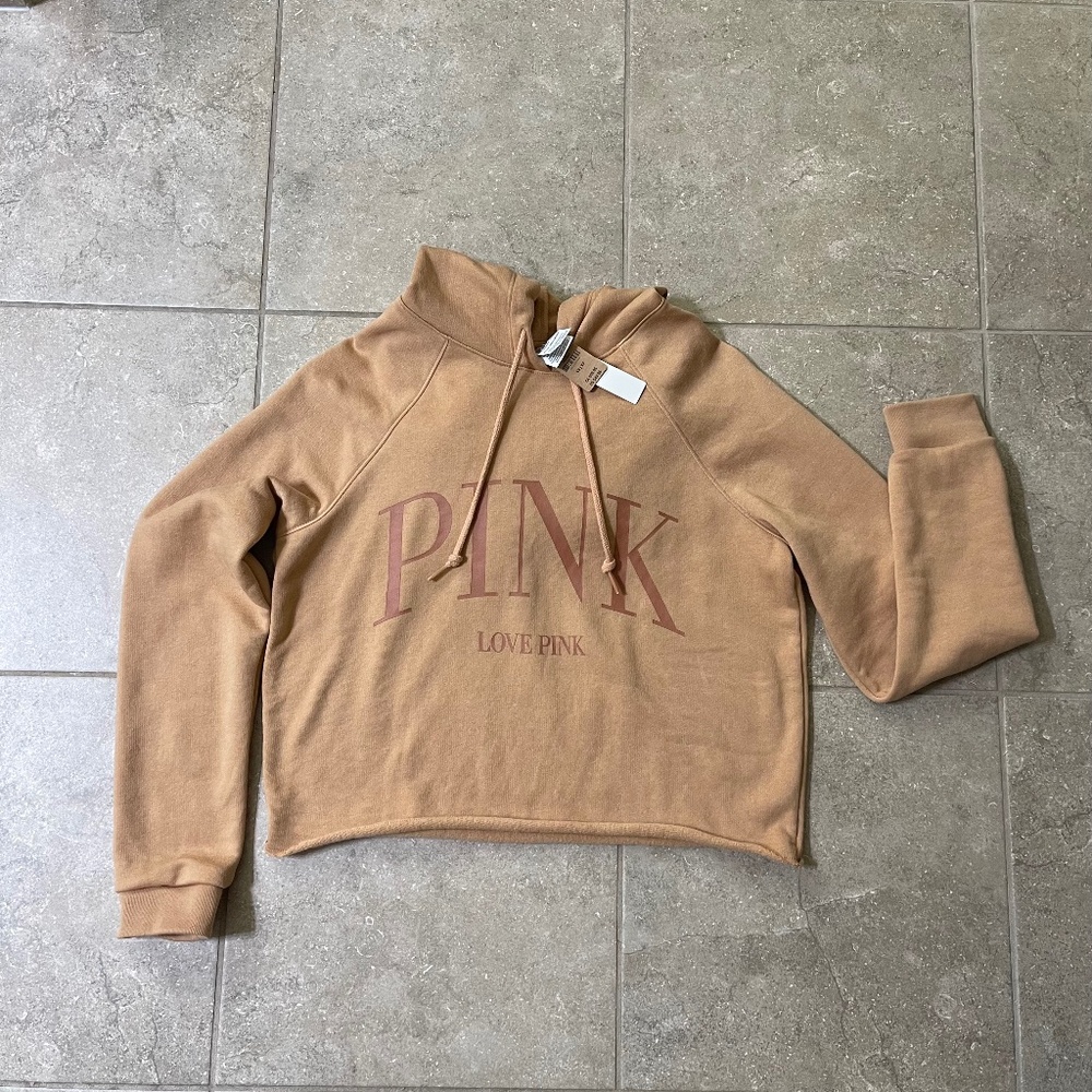 PINK Victoria’s Secret Cropped  Tan Brown Hoodie Sweatshirt NWT
